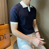 Colorblock V-neck Patterned Knitted Short-sleeved Shirt