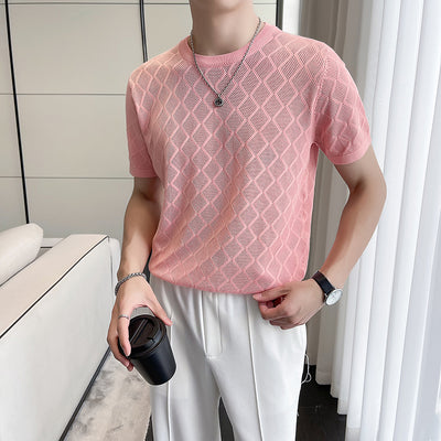 Men's Hollow Knit Short Sleeve Half Sleeve Slim Fit Round Neck T-Shirt