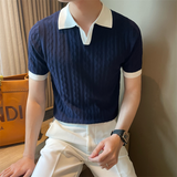 Colorblock V-neck Patterned Knitted Short-sleeved Shirt