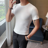 Men's Summer Slim Waffle Round Neck Solid Color T-Shirt