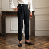 Mens Business Casual High Waisted Pants Retro Slim Fit Dress Pants