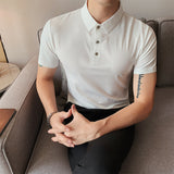 Polo Shirt Solid Color Striped Ice Silk Drape Lapel Half-sleeved Men's Summer Slim Business T-shirt
