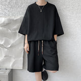 Rhombus Veins Drawstring Short Sleeve Shorts Suit