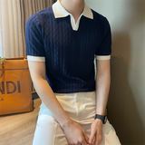 Colorblock V-neck Patterned Knitted Short-sleeved Shirt