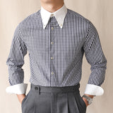 Business Peak Collar Casual Color Block Plaid Long Sleeve Shirt