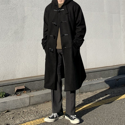 Horn Button Hooded Lapel Woolen Windbreaker