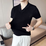 Men's Business Lapel Hollow Knit Thin Polo Shirt Short Sleeve T-Shirt