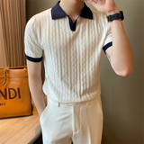 Colorblock V-neck Patterned Knitted Short-sleeved Shirt