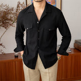 Cuban Collar Pocket Casual Long Sleeve Shirt