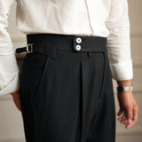 Mens Business Casual High Waisted Pants Retro Slim Fit Dress Pants