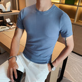 Men's Summer Slim Waffle Round Neck Solid Color T-Shirt