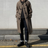 Horn Button Hooded Lapel Woolen Windbreaker