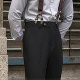 Mens Retro High Waisted Pants Business Slim Fit Straight British Trousers