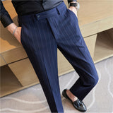 Men's Business High Waisted Pants Striped Slim Fit British Casual Trousers