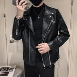 Black Casual Lapel Diagonal Zipper PU Leather Jacket