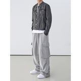 Drapey Gray Cargo Pants, Loose Wide-Leg Long Pants