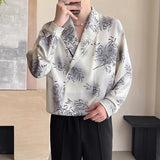 Shawl Collar Satin V-neck Long Sleeve Shirt