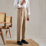 Men's Casual Retro High Waisted Pants Business Adjustable Waist Trousers