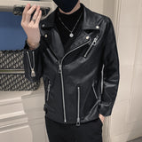 Black Casual Lapel Diagonal Zipper PU Leather Jacket