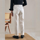 Men's High Waisted Pants White Striped Casual Retro Straight Trousers