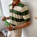 Summer Simple Striped Lapel Polo Shirt Hit Color Casual Business Short-sleeved T-shirt