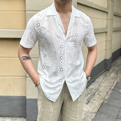 Casual Quilted Cuban Collar Short Sleeve Shirt