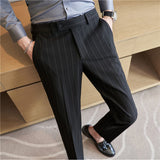 Men's Business High Waisted Pants Striped Slim Fit British Casual Trousers