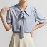 Bow-knot Collar Puff Sleeve Short-sleeved Shirt