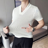 Men's Business Lapel Hollow Knit Thin Polo Shirt Short Sleeve T-Shirt