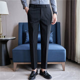 Men's Business High Waisted Pants Striped Slim Fit British Casual Trousers