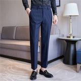 Men's Business High Waisted Pants Striped Slim Fit British Casual Trousers