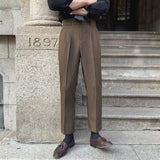 Men's British Business Dress Pants Casual Straight Leg High Waisted Trousers