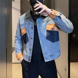 Men's Casual Long Sleeve Denim Jacket with Patchwork Lapels