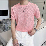 Men's Hollow Knit Short Sleeve Half Sleeve Slim Fit Round Neck T-Shirt