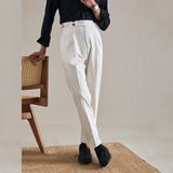 Men's High Waisted Pants White Striped Casual Retro Straight Trousers