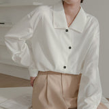 White Satin Long Sleeve Cropped Button Shirt
