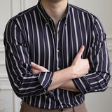 Men's Casual Business Slim Vertical Striped Long Sleeved Shirt