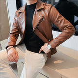 Men's Diagonal Zipper Slim Fit Short Suit Collar Leather Jacket