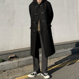 Horn Button Hooded Lapel Woolen Windbreaker