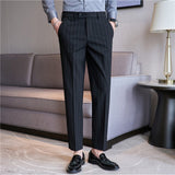 Men's Business High Waisted Pants Striped Slim Fit British Casual Trousers