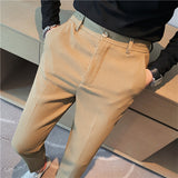 Men Business Casual Elastic Waist Slim Fit Solid Waffle Pants