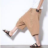 Mens Casual Elastic Waist Linen Capri Wide Leg Baggy Harem Pants Trousers