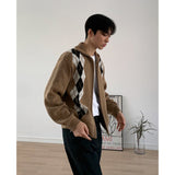 Rhombus Stand Collar Knit Zip Cardigan