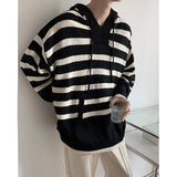 Casual Loose Striped Color Block Knit Hooded Sweater