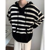 Casual Loose Striped Color Block Knit Hooded Sweater