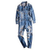 Men's Casual Ripped Denim Long Sleeve Jumpsuits Jean Coveralls Long Sleeve Rompers