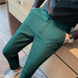 Men Business Casual Elastic Waist Slim Fit Solid Waffle Pants