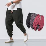 Men's Hip Hop Harem Pants Joggers Linen Drawstring Elastic Waist Baggy Drop Crotch Sweatpants Trousers