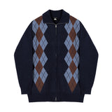 Rhombus Stand Collar Knit Zip Cardigan