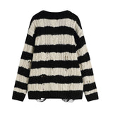 Irregular Hole Stripe Twist Pullover Medium Length Sweater Knitwear